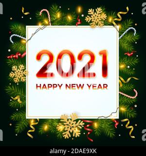 Neujahr 2021 Hintergrund mit Kiefernästen, goldenen Schneeflocken, glänzenden Girlanden, Zuckerrüben und Lametta. Vorlage für Weihnachten und Neujahr Poster Stock Vektor