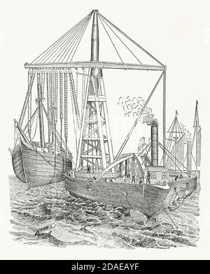 Eine alte Gravur zeigt Bishop's schwimmenden Derrick c.1850. Es ist aus einem viktorianischen Maschinenbaubuch der 1880er Jahre. In dieser Abbildung hebt der massive dampfbetriebene Derrick ein weiteres Schiff. Es war ein Flachbodenboot, das von der Thames Iron Shipbuilding Company in Blackwall, London, England, Großbritannien gebaut wurde, um versunkene Schiffe anzuheben. Es war 270 Fuß lang und hatte einen 90-Fuß-Balken. Wasserdichte Fächer können mit Meerwasser gefüllt werden, um das Gewicht auf der gegenüberliegenden Seite des Behälters beim Anheben auszugleichen. Derricks, die auf speziellen Schiffen montiert sind, werden auch als Sheerlehren bezeichnet. Stockfoto