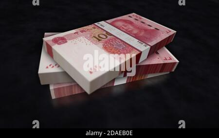 Chinesische Yuan Geldpaket 3d-Illustration. 100 EUR Banknotenbündelstapel. Konzept der Finanzen, Bargeld, Wirtschaftskrise, Geschäftserfolg, Rezession, Bank, Stockfoto