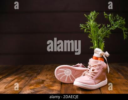 Holzhintergrund mit Kinderschuh mit Karotten für Santa's Pferd, traditionelle niederländische Urlaubspostkarte Sinterklaas . Speicherplatz kopieren. Hochwertige Fotos. Stockfoto