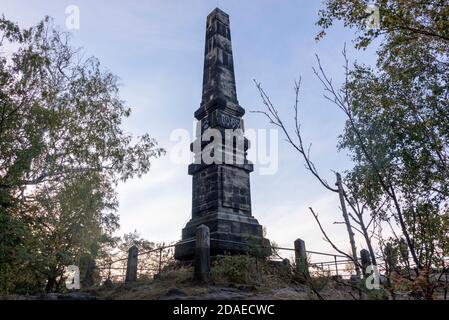 Deutschland, Sachsen, Wettin Obelisk am Lilienstein, Elbsandsteingebirge, Nationalpark Sächsische Schweiz Stockfoto