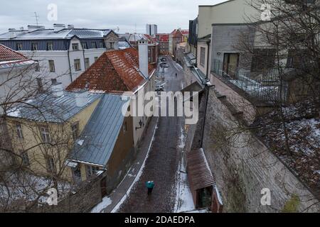 TALLINN, ESTLAND - 20. DEZEMBER 2019: Verschneite Stadtlandschaft zur Zeit des traditionellen Weihnachtsfestes Stockfoto