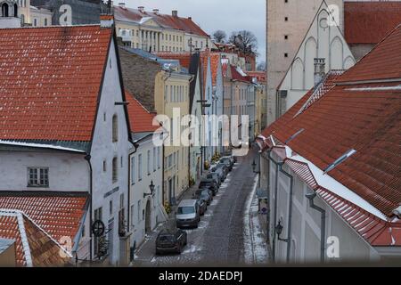 TALLINN, ESTLAND - 20. DEZEMBER 2019: Verschneite Stadtlandschaft zur Zeit des traditionellen Weihnachtsfestes Stockfoto