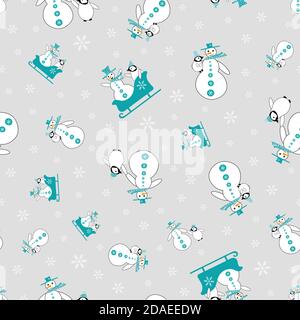 Schneemann und Baby Pinguin nahtlose Vektor-Muster Hintergrund. Schneemänner und kleine Pinguine, die auf der Schneeflocken-Kulisse rodeln. Handgezeichneter Cartoon Stock Vektor