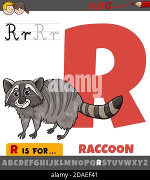Pädagogische Karikatur Illustration des Buchstaben R aus Alphabet mit Waschbär Tier für Kinder Stock Vektor