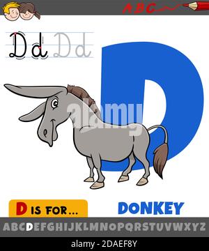 Pädagogische Karikatur Illustration des Buchstaben D aus Alphabet mit Comic Esel für Kinder Stock Vektor