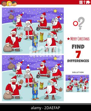 Cartoon Illustration der Suche nach Unterschieden zwischen Bildern pädagogische Spiel für Kinder mit Weihnachtsmann Zeichen Stock Vektor