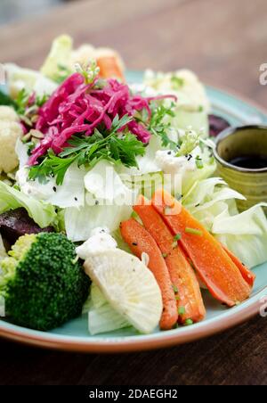 Rustikaler Hüttensalat mit gesundem, gedünstetem und frischem Gemüse Auf buntem Teller Stockfoto