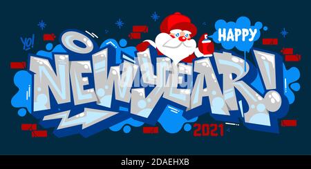Abstract Banner Frohes Neues Jahr 2021 Mit Weihnachtsmann In Graffiti-Stil Schriftart Schriftzug Vektor Illustration Kunst Stock Vektor