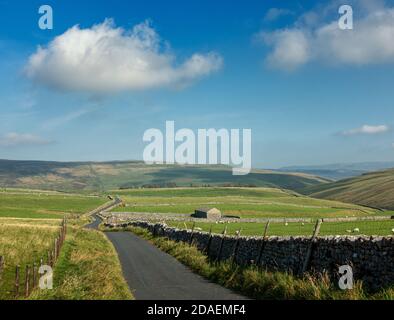 UK Landschaft: Atemberaubende Aussicht auf die Landstraße über Malham Moor mit alten Stein Scheune, Yorkshire Dales National Park bei schönem Wetter. Stockfoto