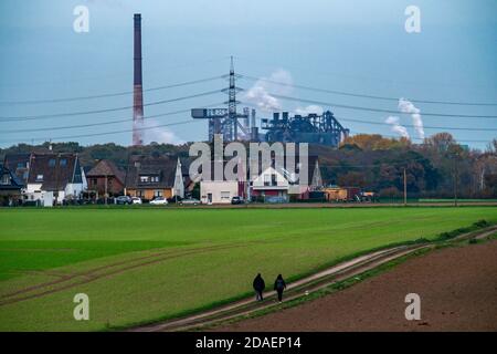 Landschaft, bei Duisburg-Mündelheim, hinter dem HKM-Stahlwerk und Kokerei in Duisburg-Hüttenheim, im Herbst Rhein, NRW, Deutschland Stockfoto