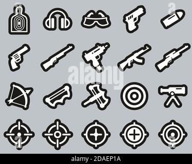 Schießstand Icons Weiß Auf Schwarz Sticker Set Groß Stock Vektor