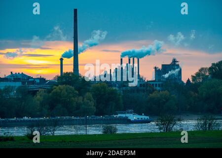 Frachtschiff auf dem Rhein bei Krefeld, Industriekulisse der Maisstärkefabrik Cargill im Rheinhafen Krefeld NRW, Deutschland Stockfoto