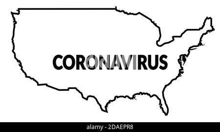 CORONAVIRUS über Kartenkontur der Vereinigten Staaten von Amerika (USA, USA, SUA) Stockfoto