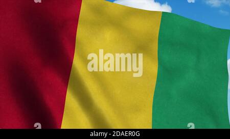 Guinea Flagge winkt im Wind, blauer Himmel Hintergrund. 3d-Rendering Stockfoto