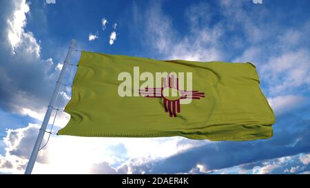 New Mexico Flagge auf einem Fahnenmast winkt im Wind, blauer Himmel Hintergrund. 3d-Rendering Stockfoto