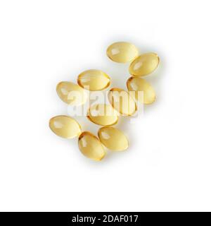 Gruppe von Kapseln mit Fett isoliert auf weißem Hintergrund. Fischöl, Omega-Ergänzung und cbd-Extrakt Cannabis. Stockfoto