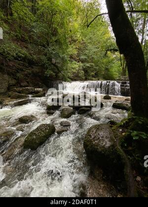 Sommeransicht des Flusses Herisson, frankreich, jura Stockfoto