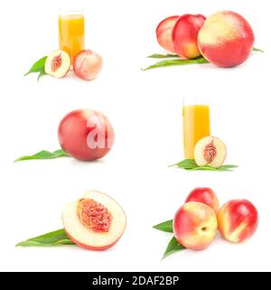 Satz von isolierten Pfirsichen auf weiß Stockfoto