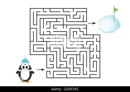 Labyrinth-Spiel, helfen Sie dem Pinguin, einen Weg aus dem Labyrinth zu finden, nette Zeichentrickfigur, Vorschule Arbeitsblatt Aktivität für Kinder, Aufgabe für die Stock Vektor