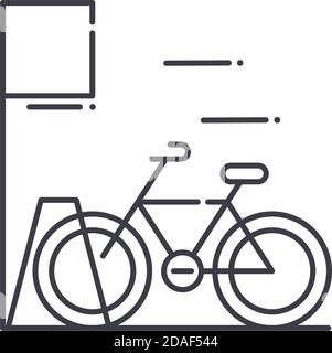 Fahrrad Parken Konzept Symbol, lineare isolierte Illustration, dünne Linie Vektor, Web-Design-Zeichen, Umriss Konzept Symbol mit editierbaren Strich auf weiß Stock Vektor