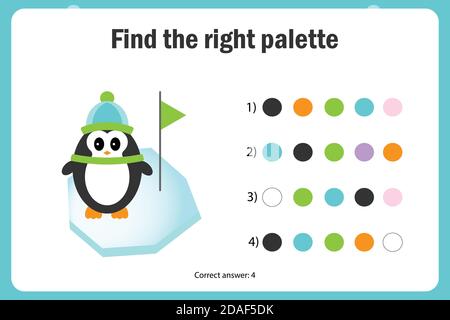 Finden Sie die richtige Palette, um das Bild, Pinguin im Cartoon-Stil, Bildung Papier Spiel für die Entwicklung von Kindern, Kinder Vorschulaktivität Stock Vektor
