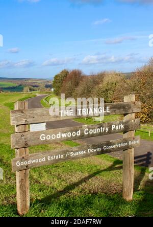 Das Dreieck Parkplatz von der Rollbahn. In der Nähe von goodwood Pferderennbahn. Stockfoto