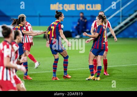 Jenni Hermoso vom FC Barcelona feiert nach dem Scoring mit Mariona Caldenteny während der Frauen &#039;s spanische Meisterschaft, la Liga Iberdrola footb P Stockfoto