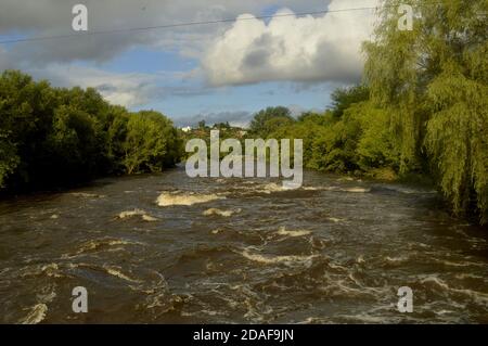 Blick auf einen angeschwollenen Fluss nach einem Regen, mit üppig grünen Bäumen daneben Stockfoto