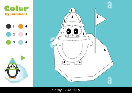 Pinguin im Cartoon-Stil, Farbe nach Anzahl, Bildung Papier Spiel für die Entwicklung von Kindern, Malseite, Kinder Vorschulaktivität, druckbar Stock Vektor