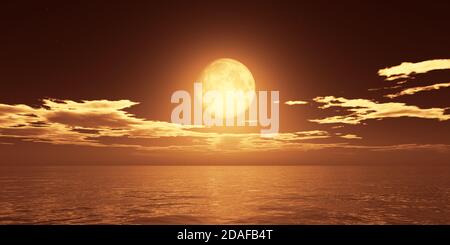 ozean Vollmond Wolken, 3d Rendering Illustration Stockfoto