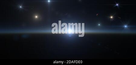 sonnenaufgang aus dem All, Sterne und Sonne, 3d Rendering Illustration Stockfoto