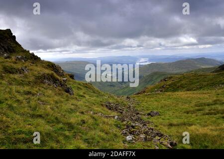 Blick von der Threshthwaite Mündung entlang des Troutbeck Tals, Kirkstone Pass, Lake District National Park, Cumbria, England, UK Stockfoto