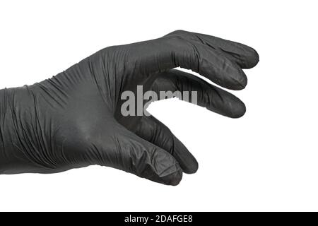 Hand in schwarzen Gummihandschuh gekleidet ist beängstigend mit einer schrecklichen Geste, isoliert auf weißem Hintergrund. Stockfoto