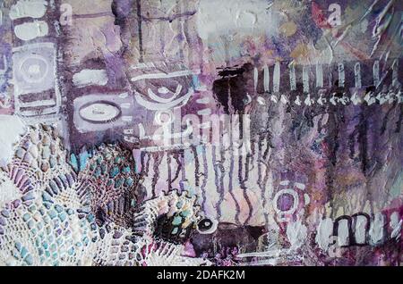 Abstrakte Malerei mit Fenster und Silhouette. Kunst abstrakt gemalten Hintergrund in violetten Farben. Grunge texturierter Hintergrund. Inneneinrichtung. Stockfoto