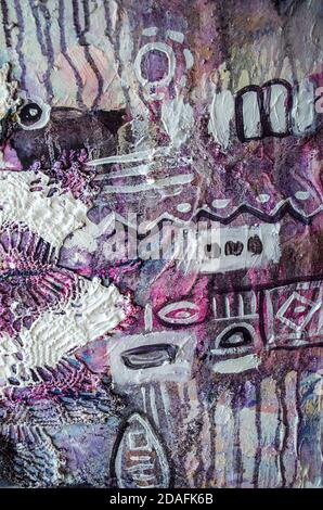 Abstrakte Malerei mit Fenster und Silhouette. Kunst abstrakt gemalten Hintergrund in violetten Farben. Grunge texturierter Hintergrund. Inneneinrichtung. Stockfoto