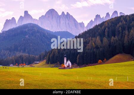 Berühmtes und charmantes Dorf von Santa Maddalena im Hintergrund des Geislergebirges, Funes Tal Trentino Alto Adige Region in Italien Stockfoto