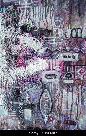 Abstrakte Malerei mit Fenster und Silhouette. Kunst abstrakt gemalten Hintergrund in violetten Farben. Grunge texturierter Hintergrund. Inneneinrichtung. Stockfoto