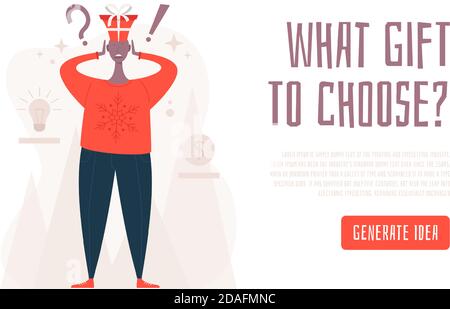 Welches Geschenk zu Konzept wählen. Schockiert Mann in einem neuen Jahr oder Weihnachtsanzug wählt Geschenke. Isolierter Neujahrsmännchen. Flache Cartoon Vektor Stock Illustration Stock Vektor