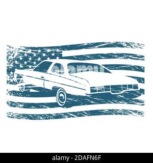 Klassisches amerikanisches Auto auf dem Hintergrund der amerikanischen Flagge ,Silhouette Stockfoto