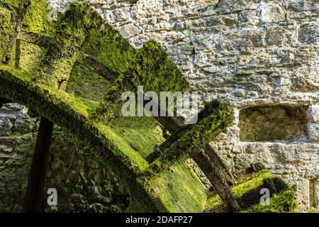 Abschnitt von Moos bedeckten Mühle Wasserrad und Steinmauer bei Mullins Mill, Kells, County Kilkenny, Irland Stockfoto