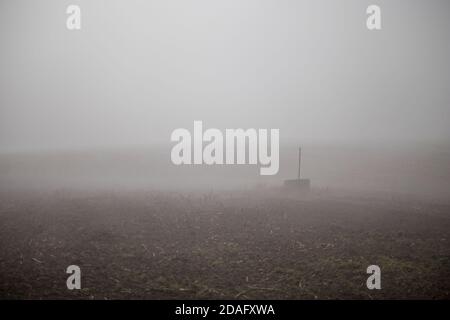 Dichter Nebel auf dem Feld, nebliger Herbsttag, Betonring auf dem Feld Stockfoto