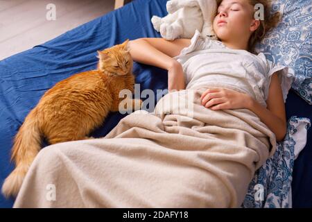 Ein Mädchen mit blonden Haaren schläft morgens im Bett neben einer flauschigen roten Katze. Weicher, freier Fokus. Stockfoto