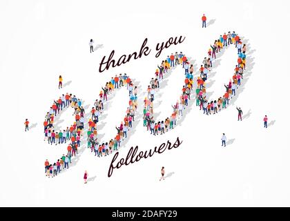 9.000 Follower. Gruppe von Geschäftsleuten sind in Form von 9000 Wort, für Web-Seite, Banner, Präsentation, Social Media, Menge von kleinen Menschen versammelt. Teamarbeit. Stock Vektor
