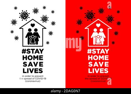 Bleiben Sie zu Hause mit Social-Media-Kampagne und verhindern Coronavirus-Infektion. Die Familie bleibt zusammen im Haus. Soziale Werbung, Poster, Aufkleber, vecto Stock Vektor