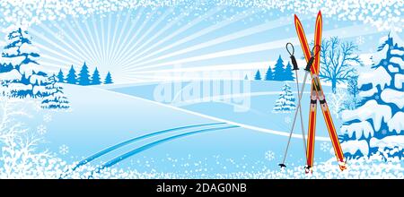 Hügelige Landschaft mit fallendem Schnee und Winterbäumen - Illustration, Vektor. Schnee, Weihnachtsbaum, Winter, Saison, Schneeflocke, Skifahren Stock Vektor