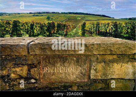 RICHEBOURG gravierte Stein-Namensschild in der Grenzmauer von Richebourg Weinberge der DRC Domaine de la Romanee-Conti, Vosne-Romanee, Cote d'Or, Frankreich Stockfoto