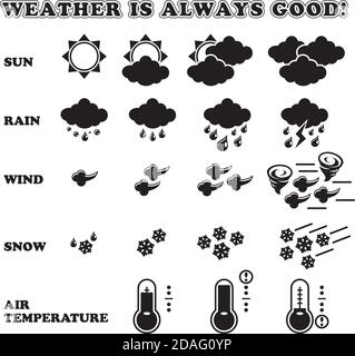 Weather Flat Design Icon Set - Illustration Wetter, Sturm, Thermometer, Blitz, Gewitter Stock Vektor