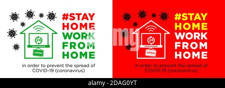 Bleiben Sie mit Ihrer Social-Media-Kampagne zu Hause und verhindern Sie eine Coronavirus-Infektion. Remote-Arbeit von zu Hause aus online 24/7. Soziale Werbung, Poster, Aufkleber, V Stock Vektor