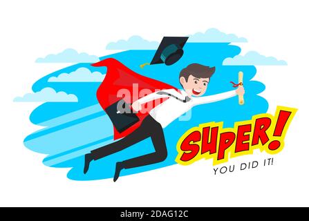 High School Absolvent in Mantel und Abschlusskappe fliegt durch blauen Himmel mit Wolken wie Superman, hält Aktentasche und Abschlusszeugnis in hallo Stock Vektor